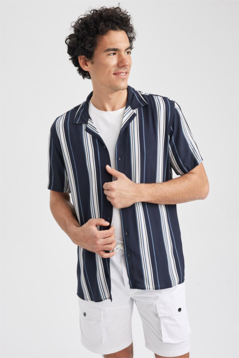 MAN NAVY Regular Fit Apache Neck Viscose Printed Short Sleeve Shirt