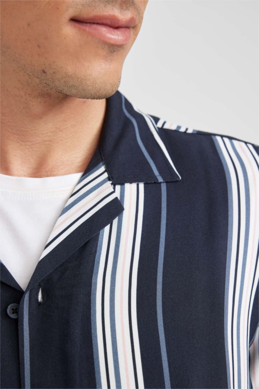 MAN NAVY Regular Fit Apache Neck Viscose Printed Short Sleeve Shirt