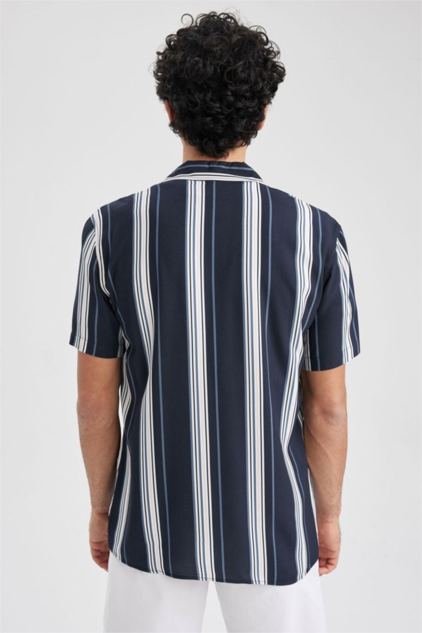 MAN NAVY Regular Fit Apache Neck Viscose Printed Short Sleeve Shirt