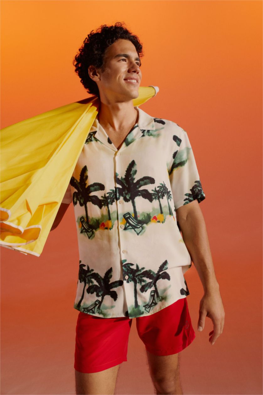 MAN Ecru Regular Fit Printed Viscose Short Sleeve Shirt