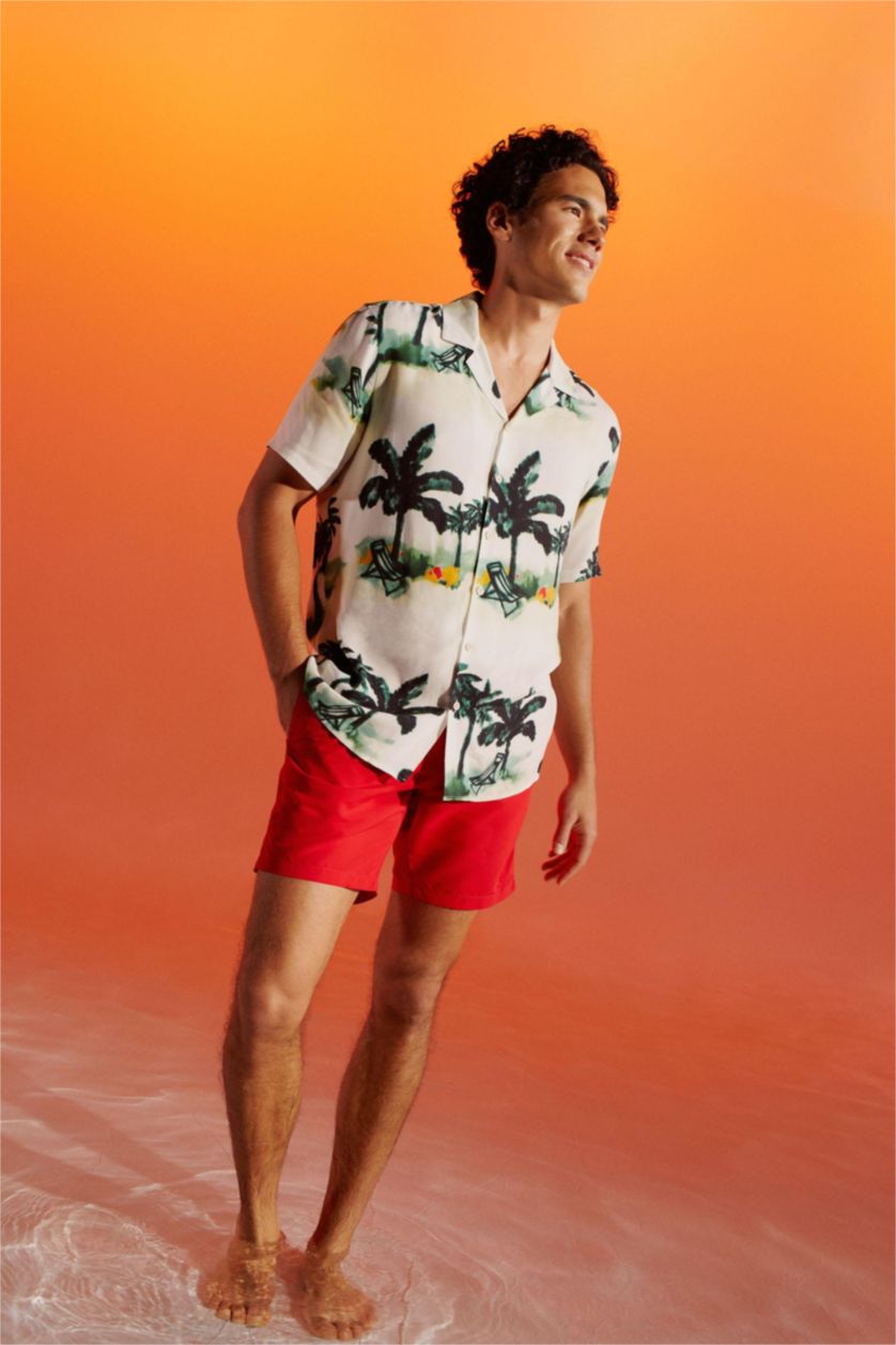 MAN Ecru Regular Fit Printed Viscose Short Sleeve Shirt