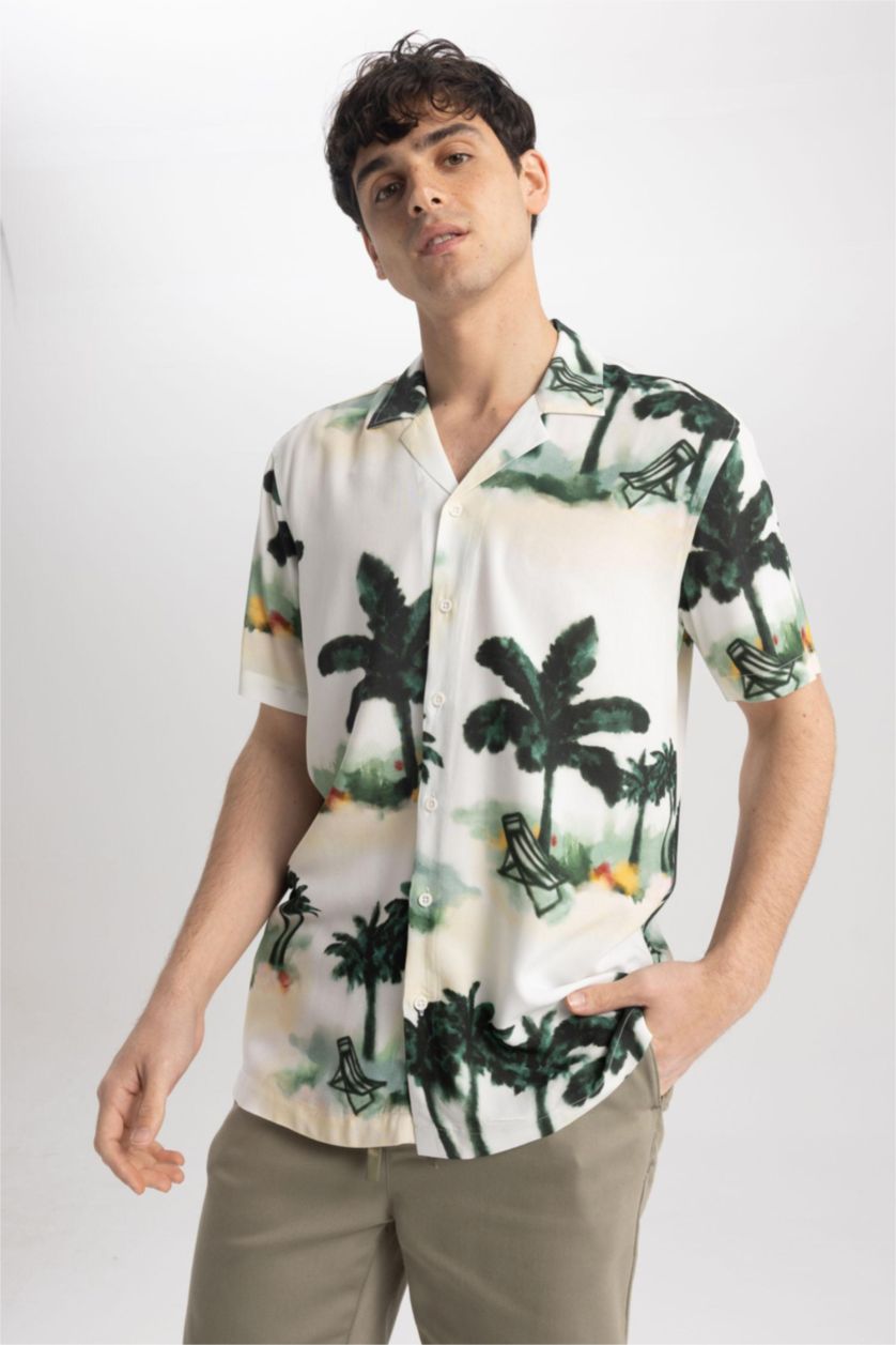 MAN Ecru Regular Fit Printed Viscose Short Sleeve Shirt