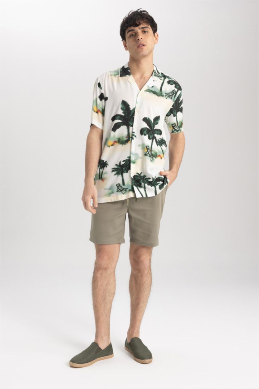 MAN Ecru Regular Fit Printed Viscose Short Sleeve Shirt