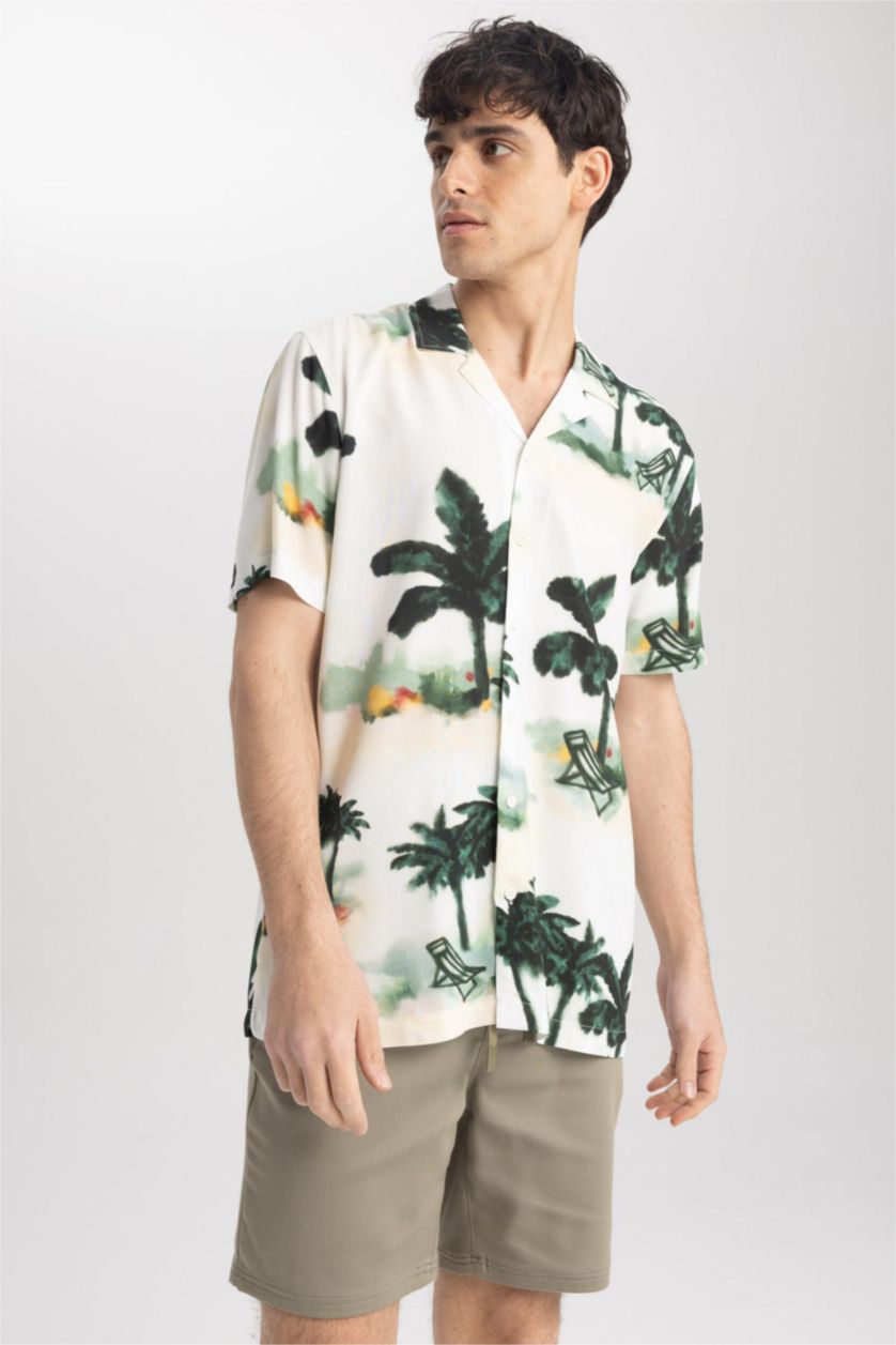 MAN Ecru Regular Fit Printed Viscose Short Sleeve Shirt