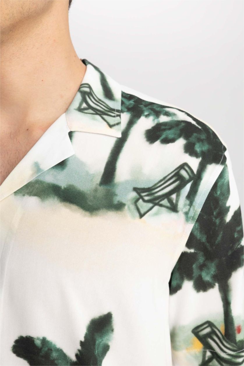 MAN Ecru Regular Fit Printed Viscose Short Sleeve Shirt