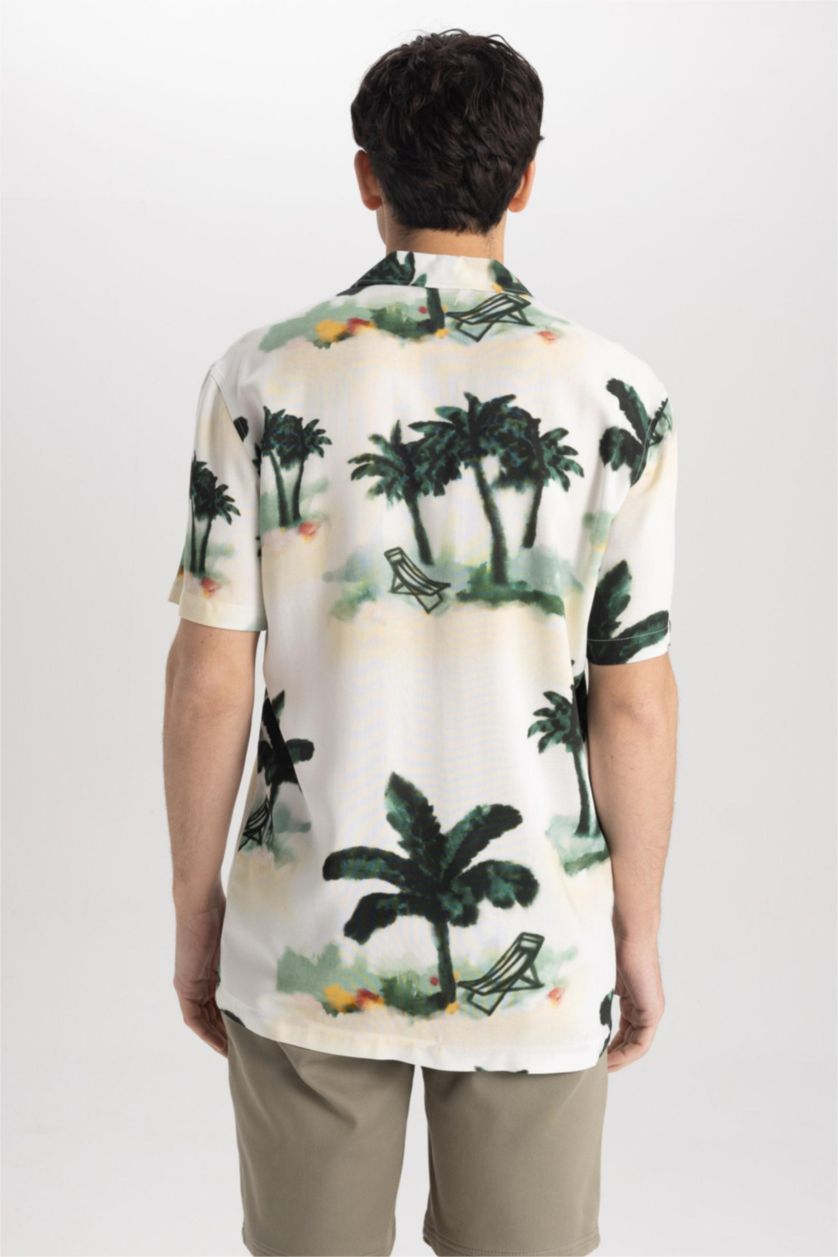 MAN Ecru Regular Fit Printed Viscose Short Sleeve Shirt