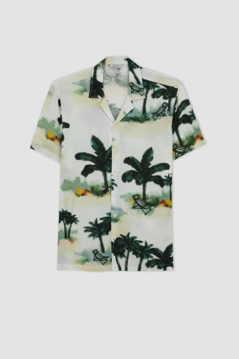 MAN Ecru Regular Fit Printed Viscose Short Sleeve Shirt