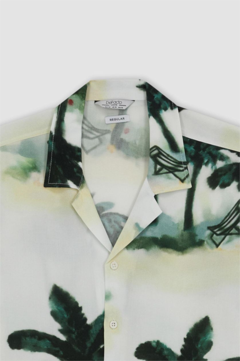 MAN Ecru Regular Fit Printed Viscose Short Sleeve Shirt