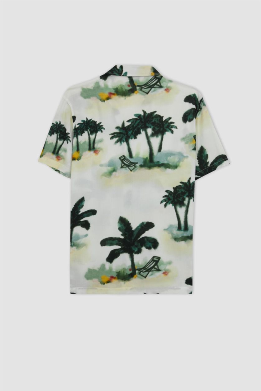 MAN Ecru Regular Fit Printed Viscose Short Sleeve Shirt