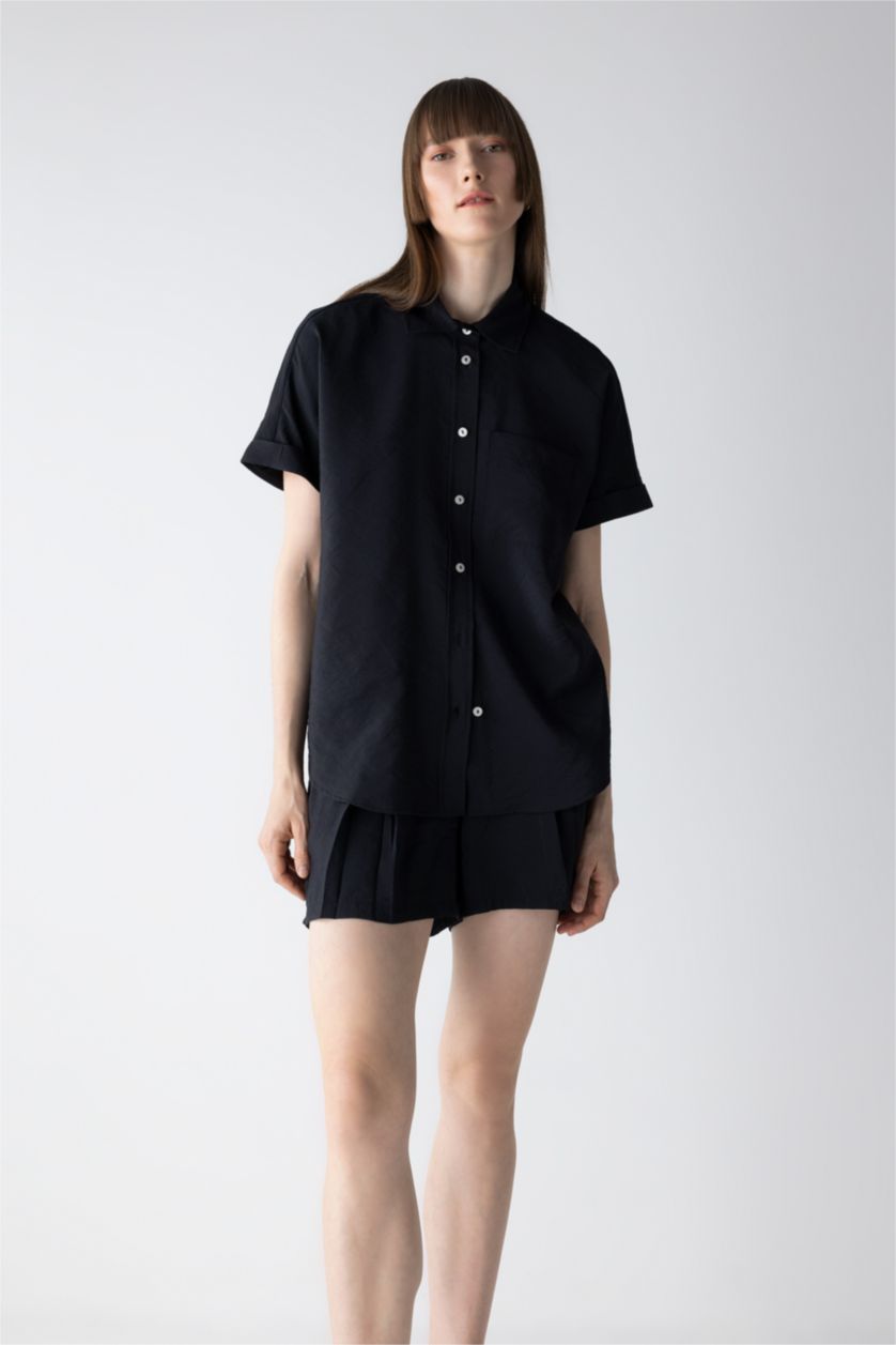 FEMME Noir Chemise À Manches Courtes Modal Col De Chemise