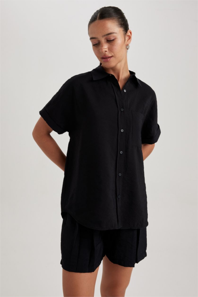 FEMME Noir Chemise À Manches Courtes Modal Col De Chemise