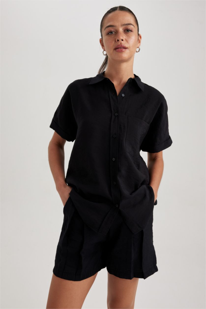 FEMME Noir Chemise À Manches Courtes Modal Col De Chemise