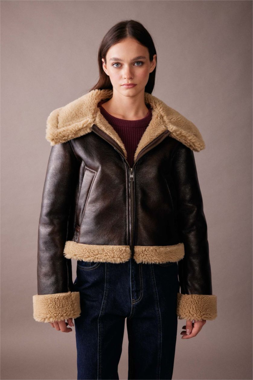 Woman Brown Faux Leather Jacket