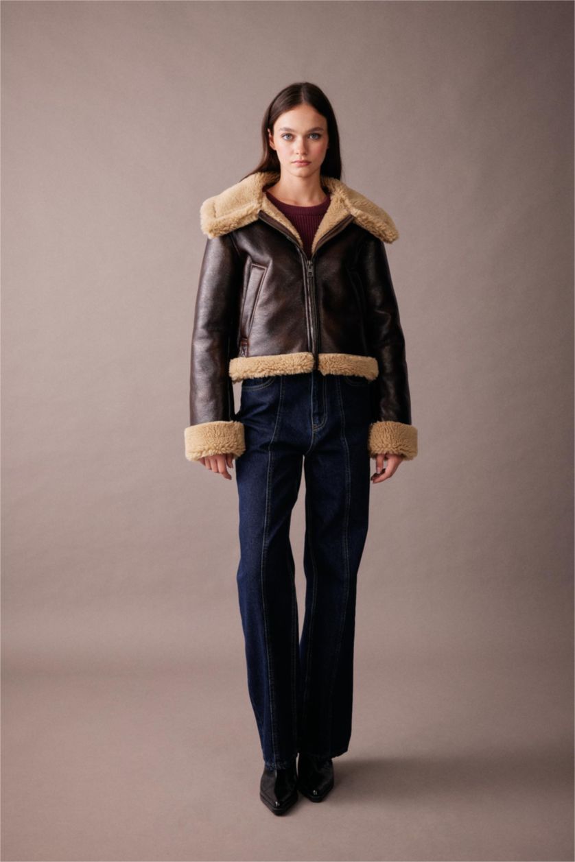 Woman Brown Faux Leather Jacket