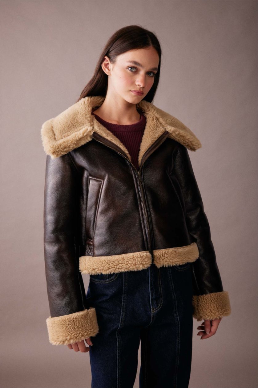Woman Brown Faux Leather Jacket