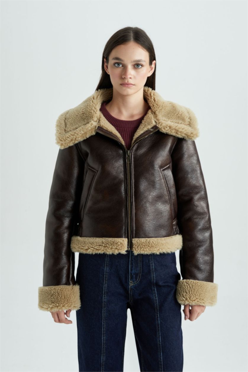 Woman Brown Faux Leather Jacket