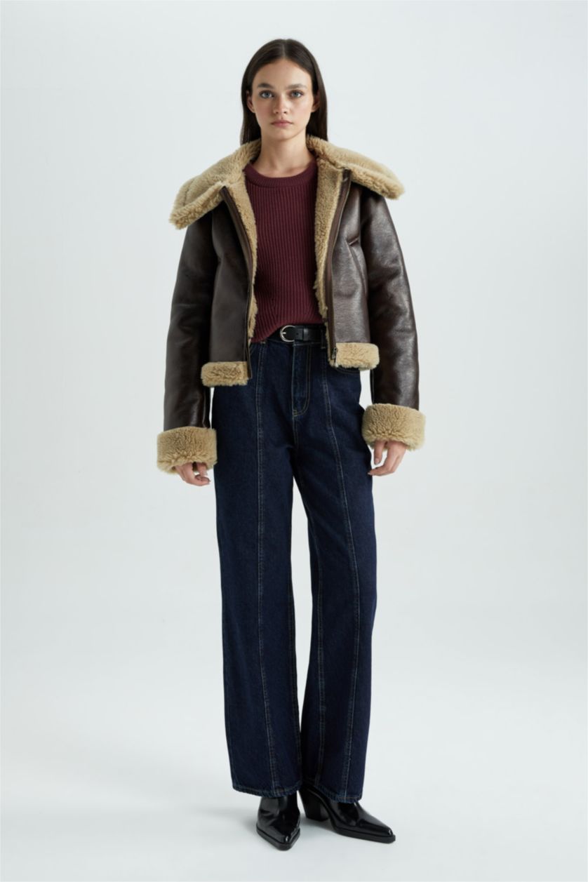 Woman Brown Faux Leather Jacket