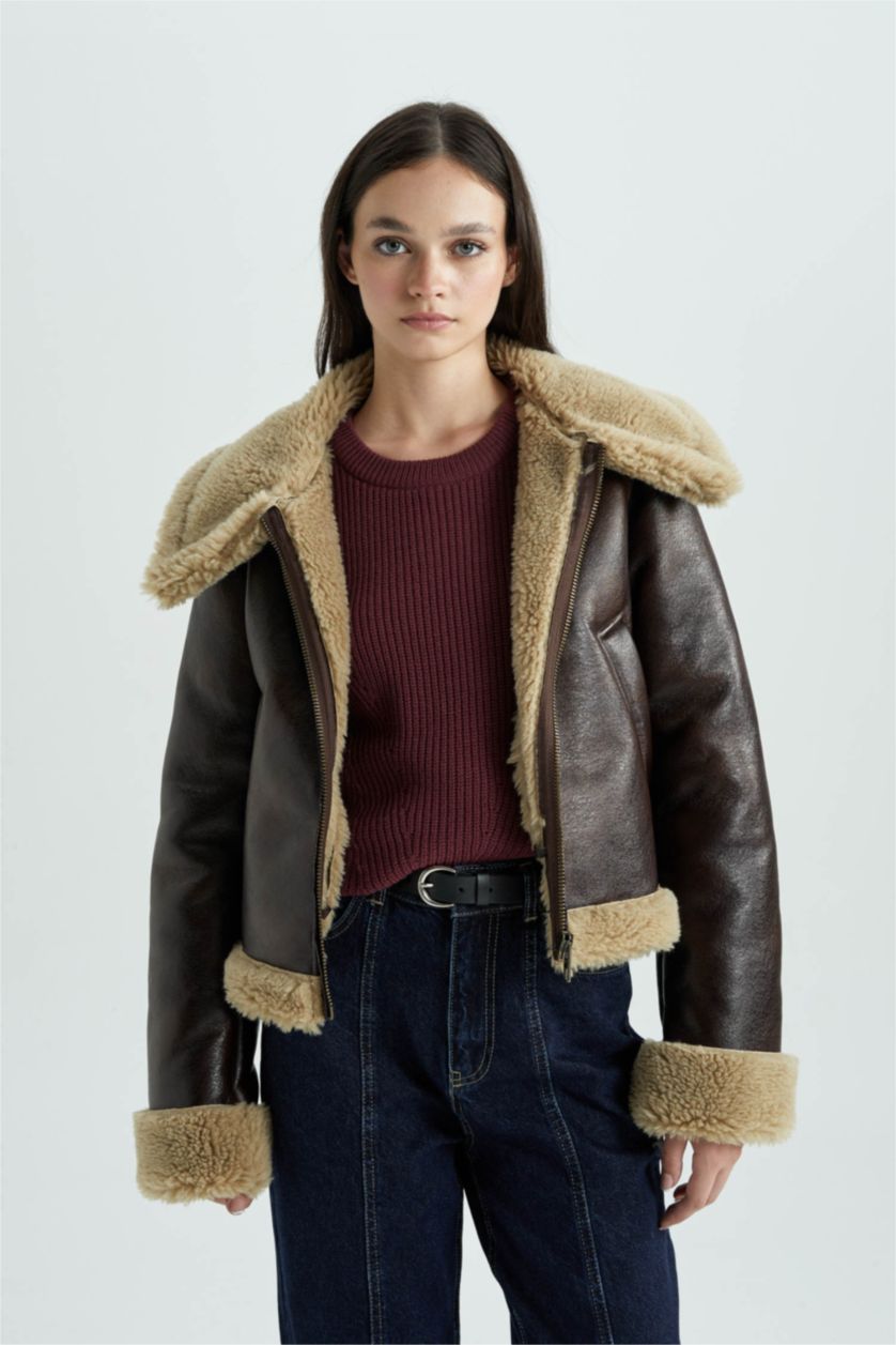 Woman Brown Faux Leather Jacket