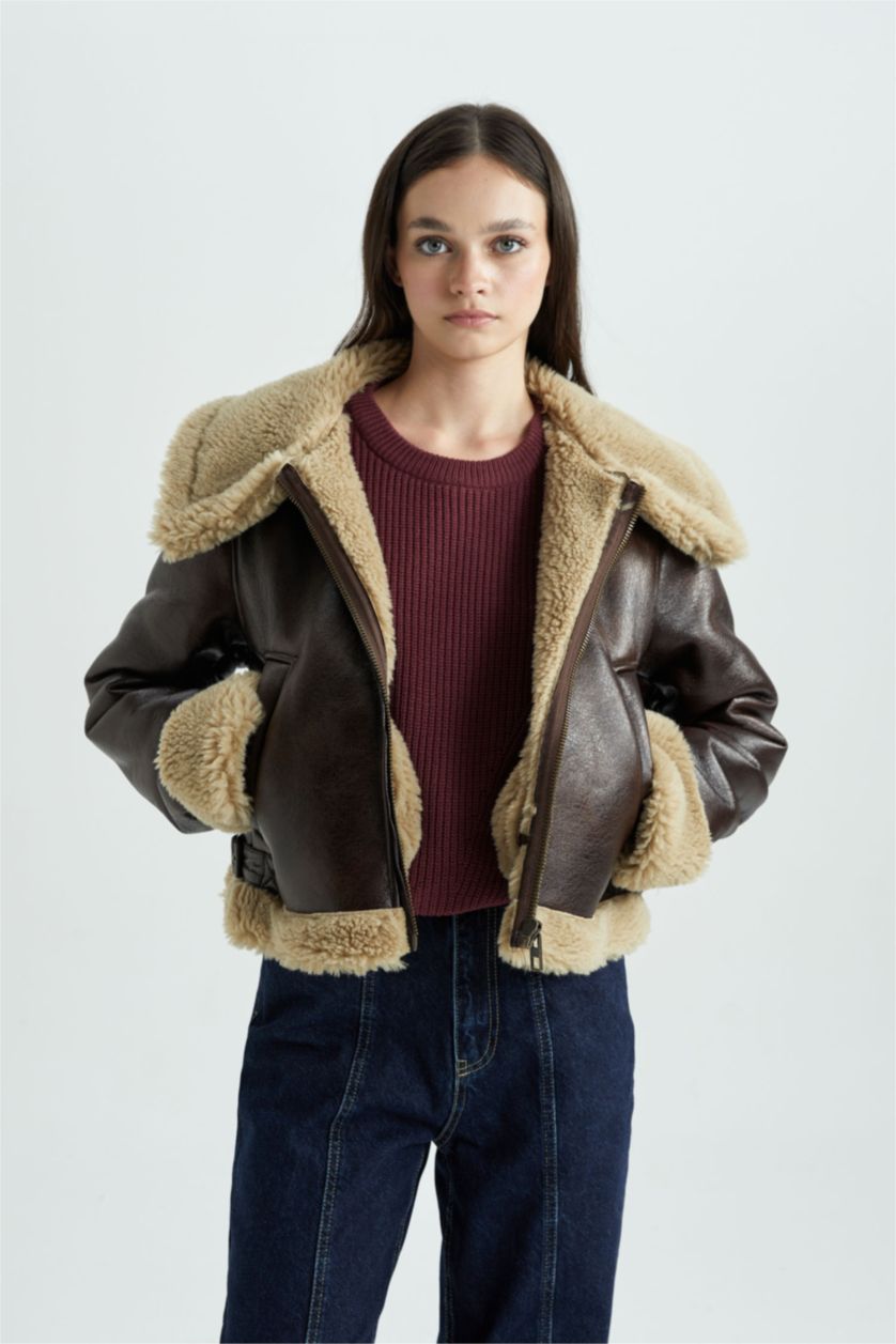 Woman Brown Faux Leather Jacket