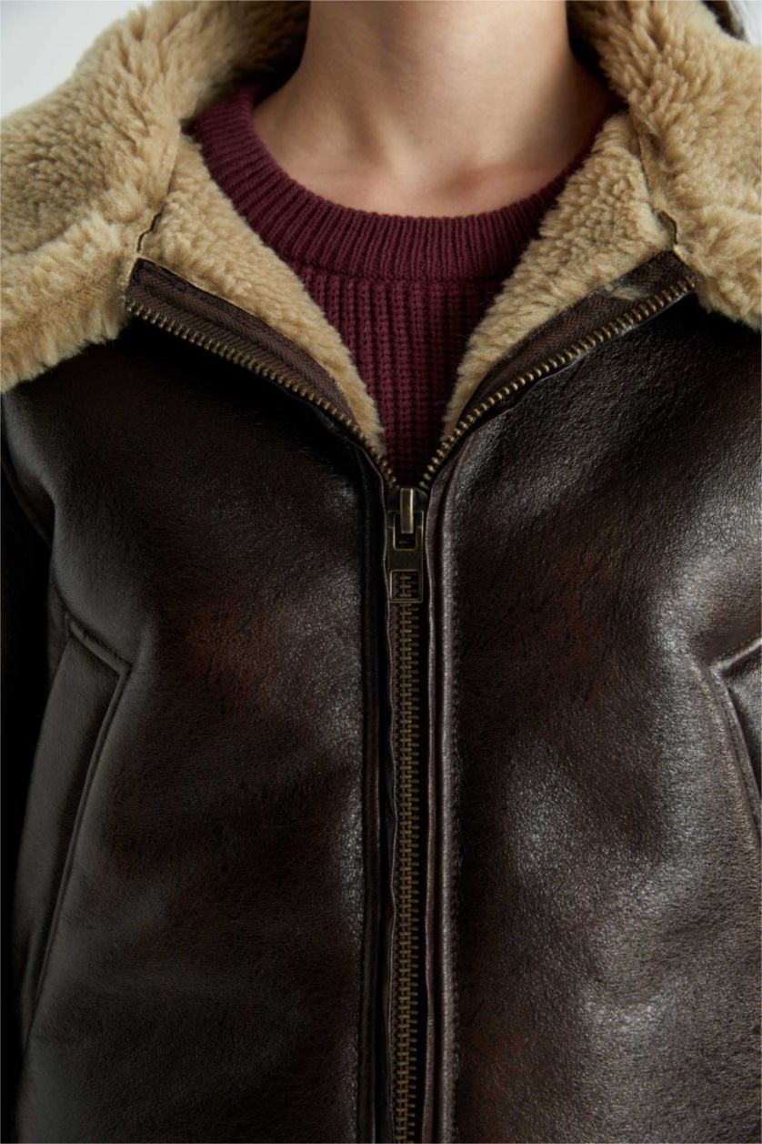 Woman Brown Faux Leather Jacket