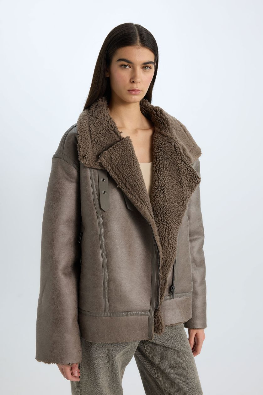 WOMAN Grey Waterproof Relax Fit Plush Lining Suede Faux Leather Jacket