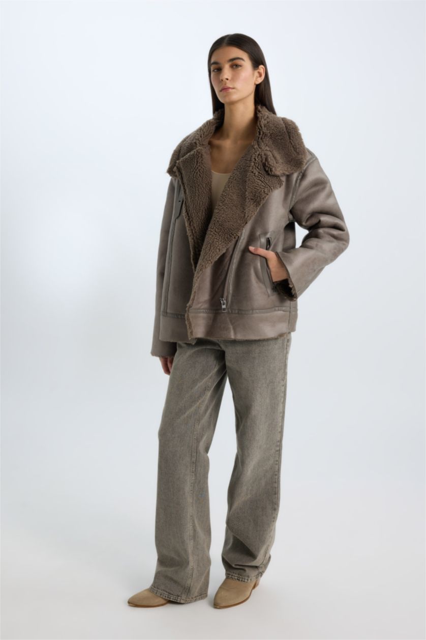 WOMAN Grey Waterproof Relax Fit Plush Lining Suede Faux Leather Jacket