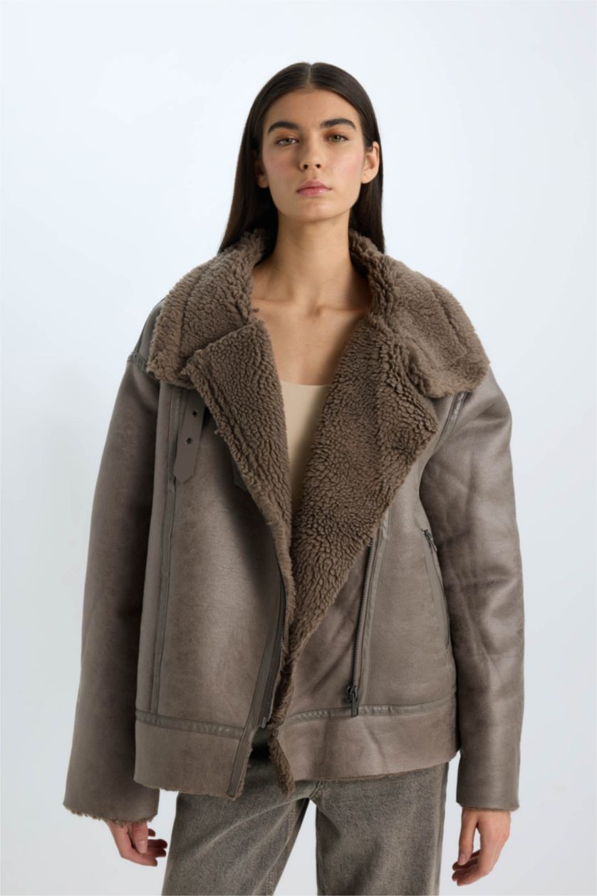 WOMAN Grey Waterproof Relax Fit Plush Lining Suede Faux Leather Jacket