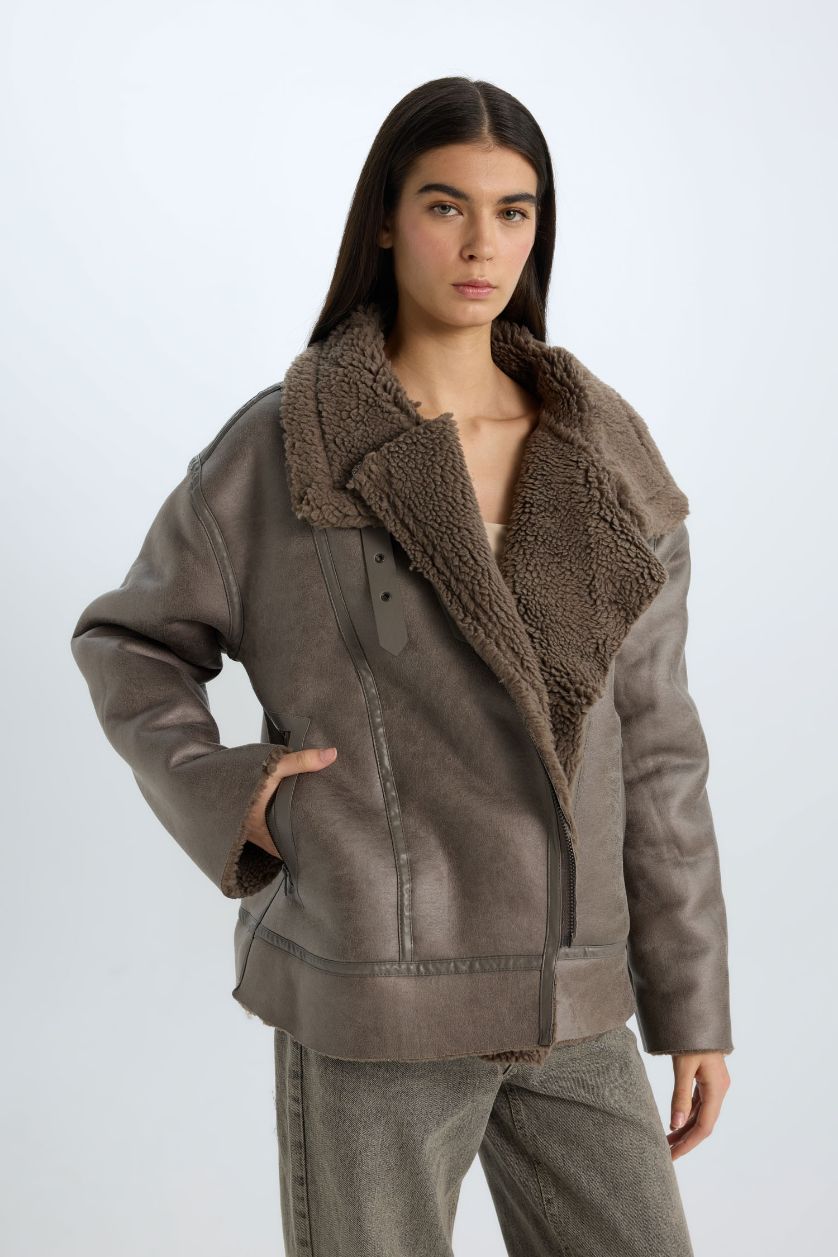 WOMAN Grey Waterproof Relax Fit Plush Lining Suede Faux Leather Jacket