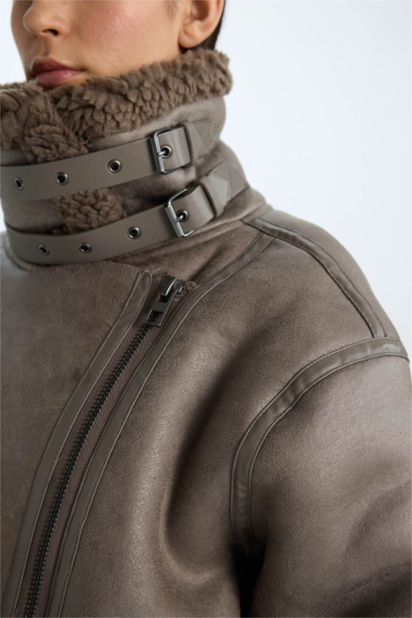 WOMAN Grey Waterproof Relax Fit Plush Lining Suede Faux Leather Jacket