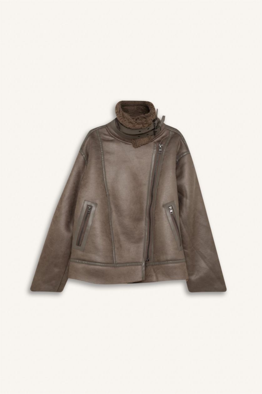 WOMAN Grey Waterproof Relax Fit Plush Lining Suede Faux Leather Jacket