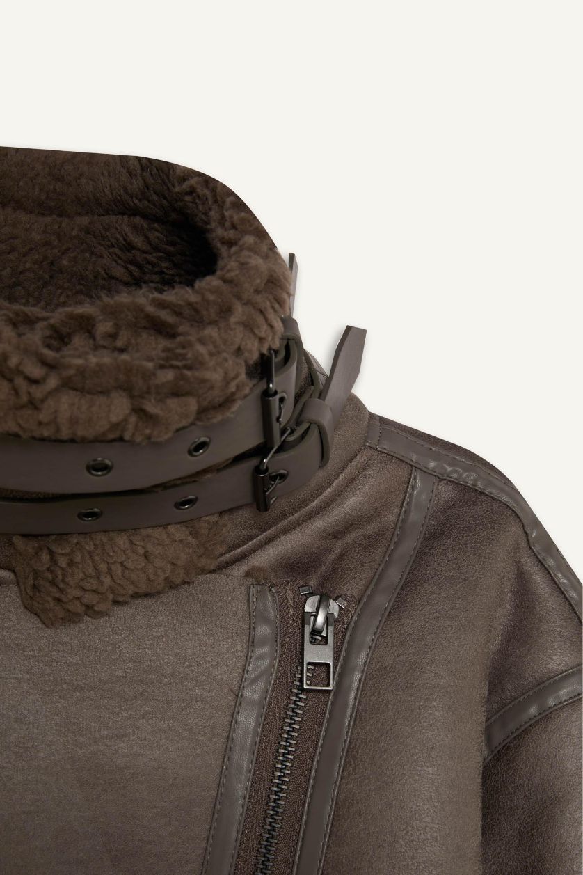 WOMAN Grey Waterproof Relax Fit Plush Lining Suede Faux Leather Jacket