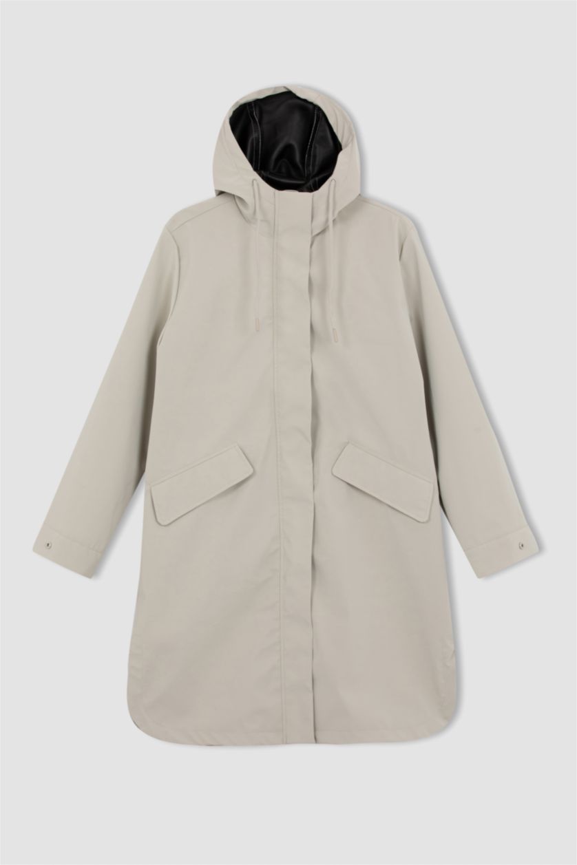 Kadın Ekru Su Geçirmez Oversize Geniş Kalıp Kapüşonlu Fermuar Kapamalı Cepli Uzun Mevsimlik Yağmurluk