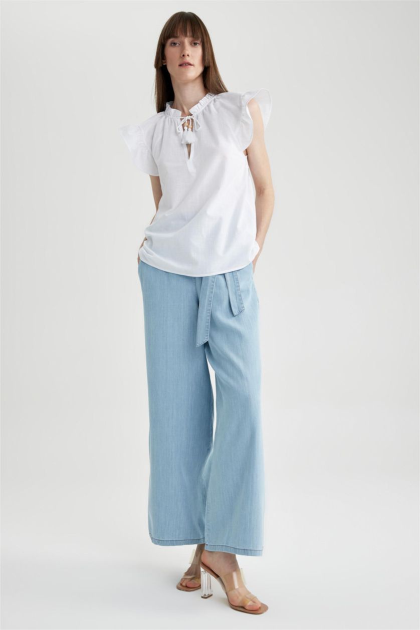 Kadın Beyaz Regular Fit Kısa Kollu %100 Pamuk Bluz