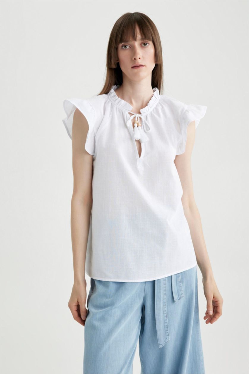 Kadın Beyaz Regular Fit Kısa Kollu %100 Pamuk Bluz