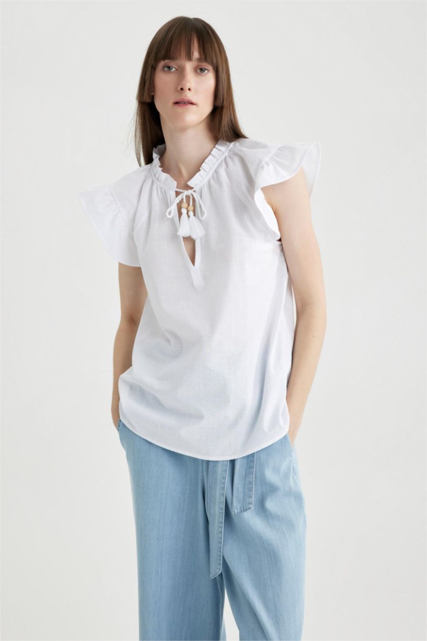 Kadın Beyaz Regular Fit Kısa Kollu %100 Pamuk Bluz