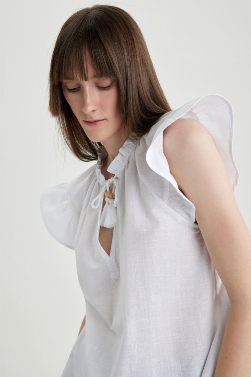 Kadın Beyaz Regular Fit Kısa Kollu %100 Pamuk Bluz