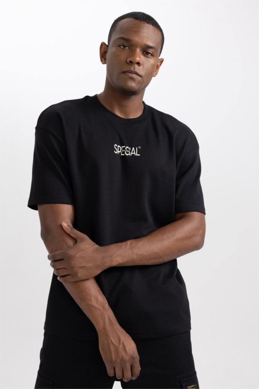 رجال أسود تي شيرت مطبوع قصة مريحة برقبة مستديرة