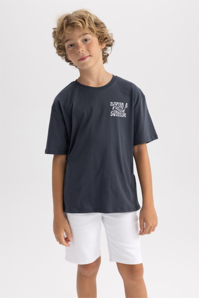 GARÇONS Gris Foncé T-Shirt Oversize À Manches Courtes Imprimé Col Ras Du Cou Garçon