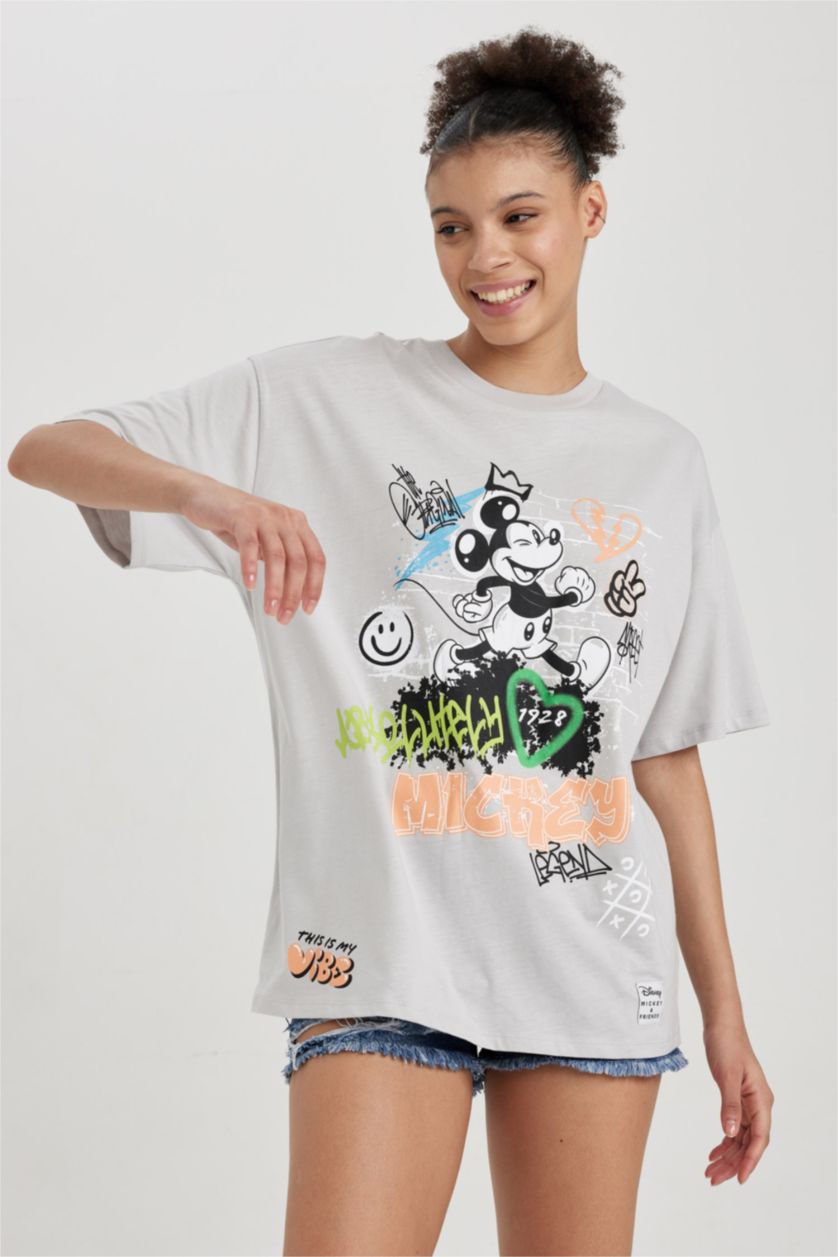 WOMAN Light Grey Cool Disney Mickey & Minnie Licensed Oversize Fit Printed T-Shirt