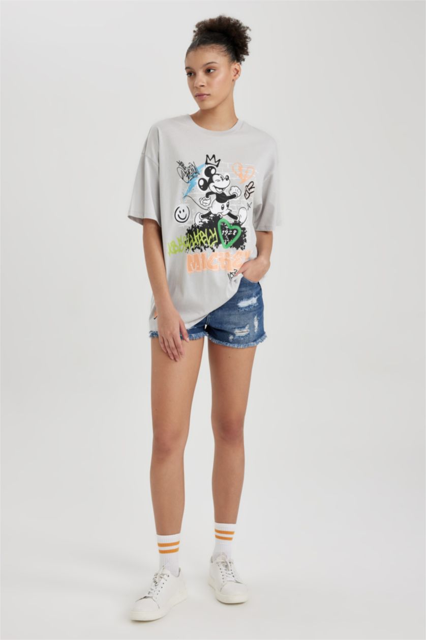 WOMAN Light Grey Cool Disney Mickey & Minnie Licensed Oversize Fit Printed T-Shirt