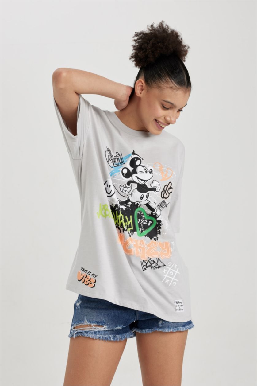 WOMAN Light Grey Cool Disney Mickey & Minnie Licensed Oversize Fit Printed T-Shirt