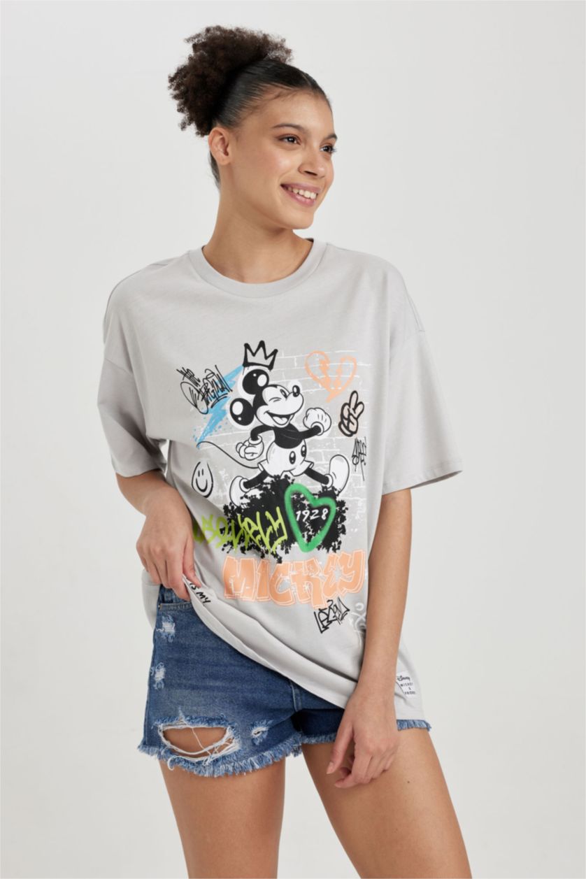 WOMAN Light Grey Cool Disney Mickey & Minnie Licensed Oversize Fit Printed T-Shirt