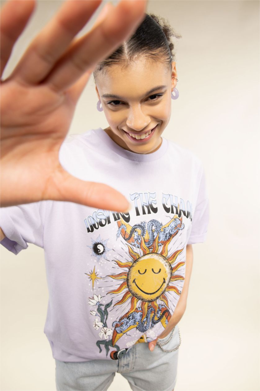 نساء أرجواني فاتح تي شيرت أوفر سايز قطن مطبوع من سمايلي