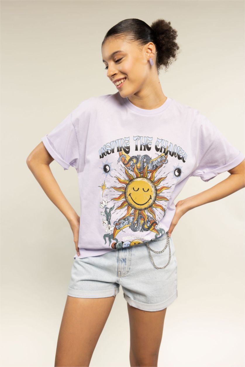 نساء أرجواني فاتح تي شيرت أوفر سايز قطن مطبوع من سمايلي