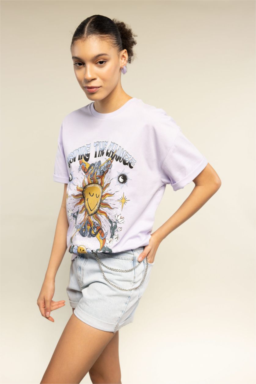 نساء أرجواني فاتح تي شيرت أوفر سايز قطن مطبوع من سمايلي