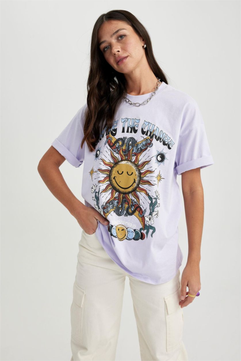 نساء أرجواني فاتح تي شيرت أوفر سايز قطن مطبوع من سمايلي