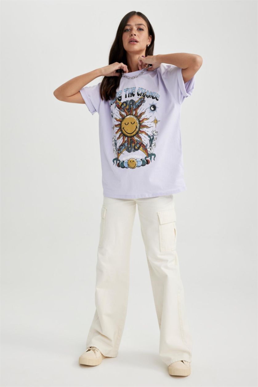 نساء أرجواني فاتح تي شيرت أوفر سايز قطن مطبوع من سمايلي