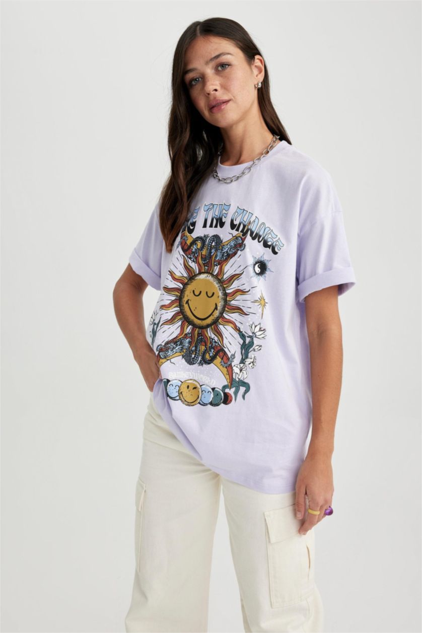 نساء أرجواني فاتح تي شيرت أوفر سايز قطن مطبوع من سمايلي