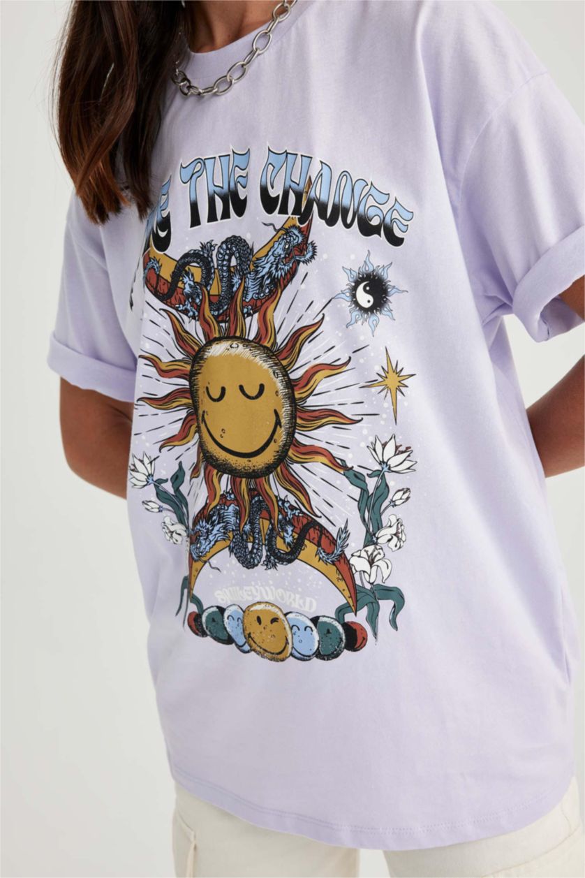 نساء أرجواني فاتح تي شيرت أوفر سايز قطن مطبوع من سمايلي