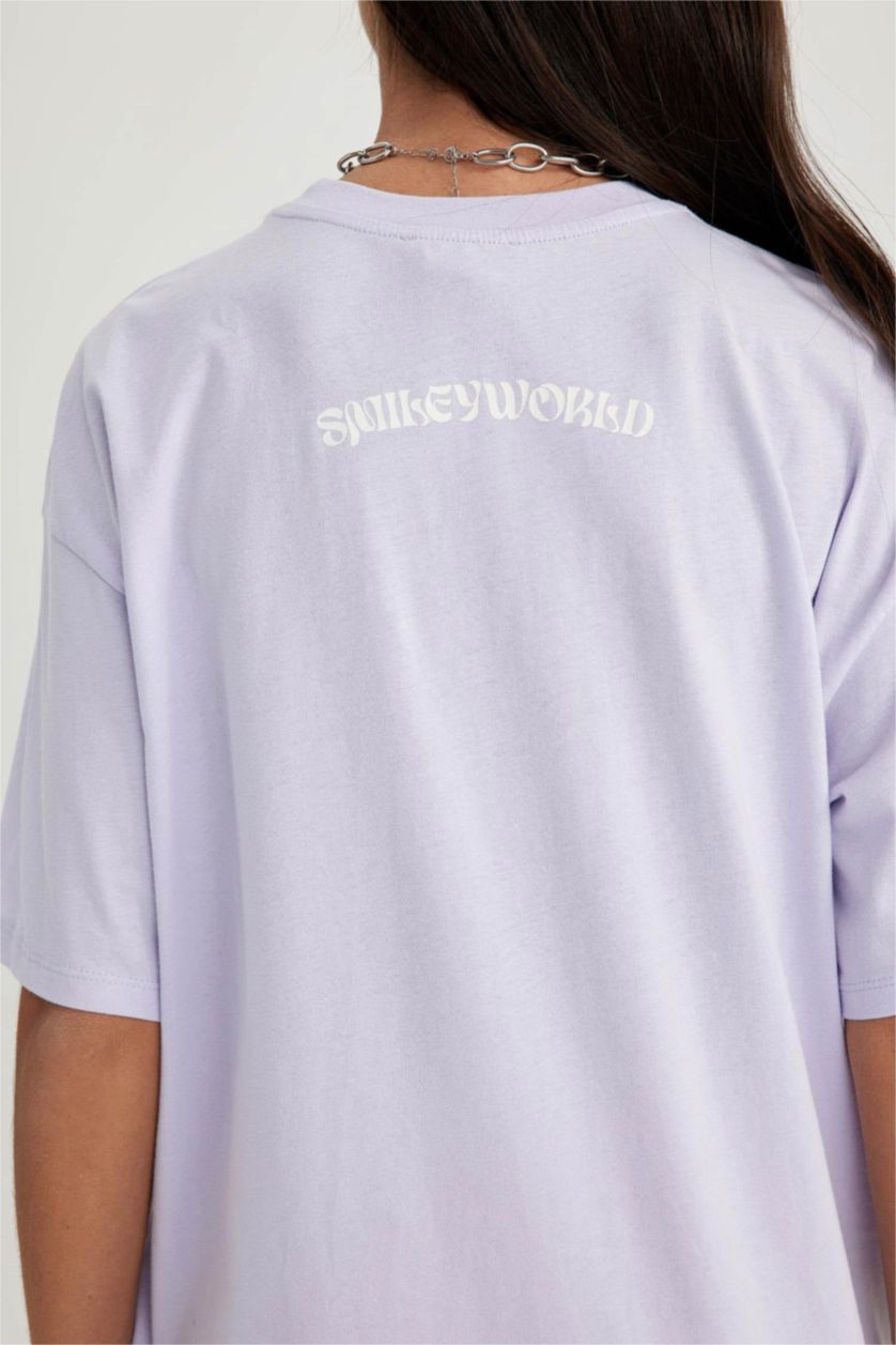 نساء أرجواني فاتح تي شيرت أوفر سايز قطن مطبوع من سمايلي